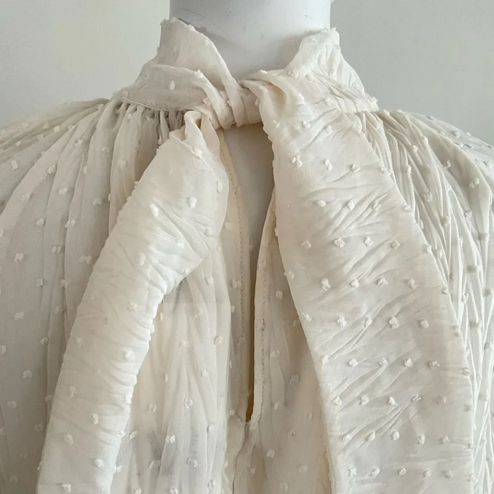 Zara Swiss Dot Medium Sheer Puff Sleeve Blouse Ecru L